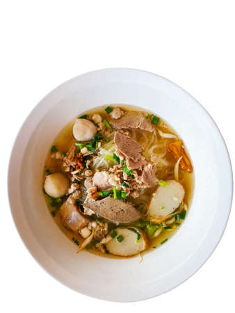 Top view Clear pork noodle soup isolated on white background.