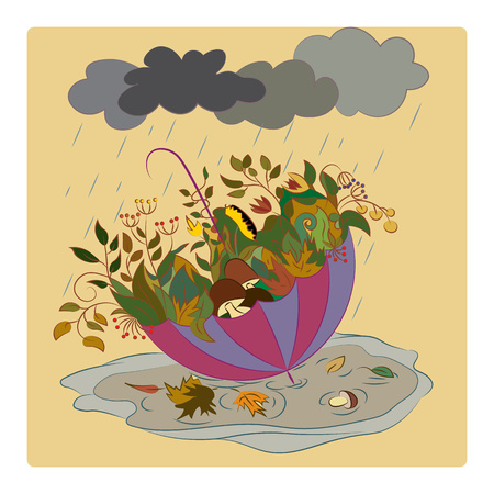 an umbrella full of greens and mushrooms on an autumn themeのイラスト素材