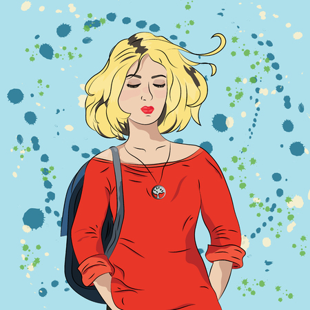blond girl with backpack and closed eyes.のイラスト素材