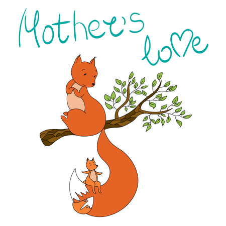 A squirrel and a little bun on a branch. Mothers love lettering.のイラスト素材