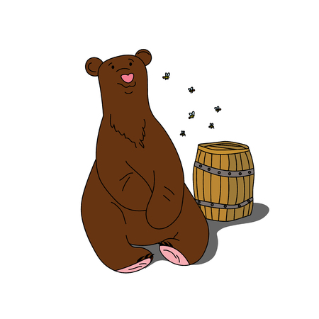 A big and kind bear next to a barrel of honey illustration.のイラスト素材