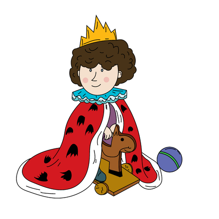 Little prince in the crown on a toy toy horse.のイラスト素材