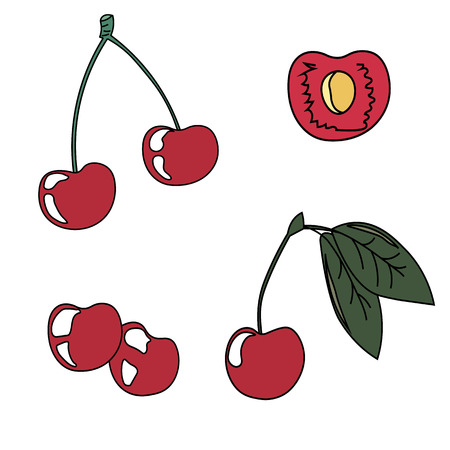 Cherry love Fresh sweet red cherries Vector drawing.のイラスト素材