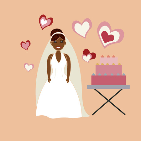 The bride in a white wedding dress with a wedding cake.の写真素材