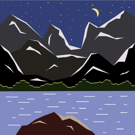 Mountain landscape with a lake at nightのイラスト素材