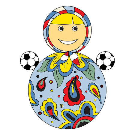 Football goes to Russia. Soccer ball and Russian children's toyの写真素材