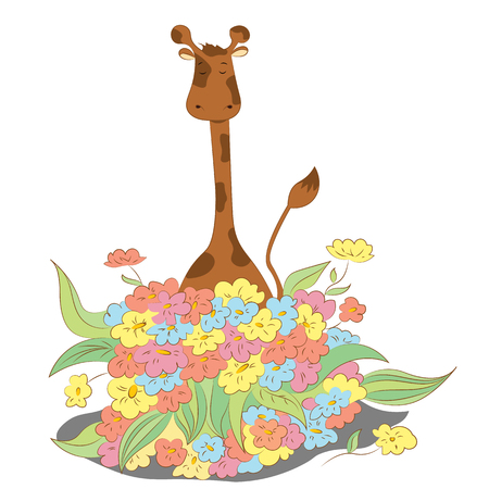 Gentle and cheerful giraffe with a large bouquet of flowersのイラスト素材