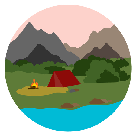 Mountain landscape with a lake at dawnの写真素材