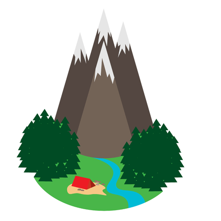 Mountain landscape with forest and tent in the style of flatの写真素材