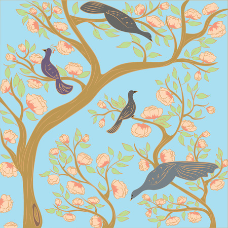 Paradise birds on the branches of a flowering tree in the garden.のイラスト素材