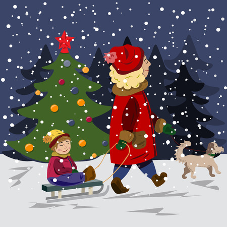 Christmas collection. Winter walk with the child on the streetのイラスト素材