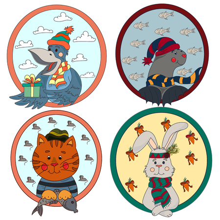 A large collection of cute animals and birds on a New Year themeのイラスト素材