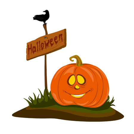 Cheerful pumpkin head at Halloween tablets. Vector drawingのイラスト素材