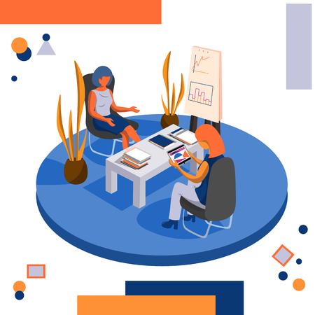 Employees in the office hold a meeting. Discussion of a new corporate idea. Business and officeのイラスト素材