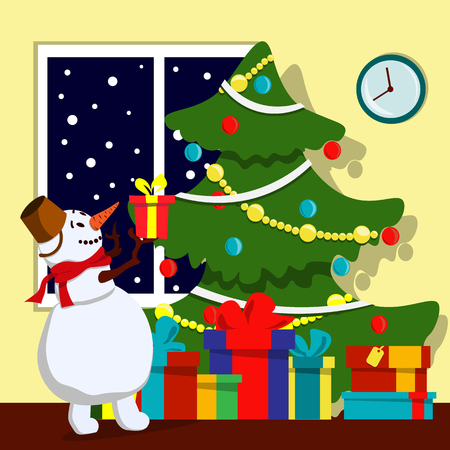Joyful snowman with a gift in his hands around the Christmas tree. Illustration in flat styleのイラスト素材