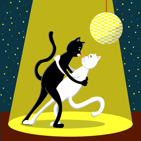 Dance under the light of a black and white cat. Illustration in flat styleのイラスト素材