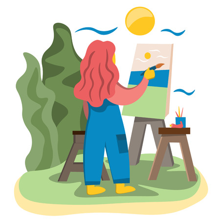The girl artist draws a picture with a brush on the easel. Illustration in flat styleのイラスト素材