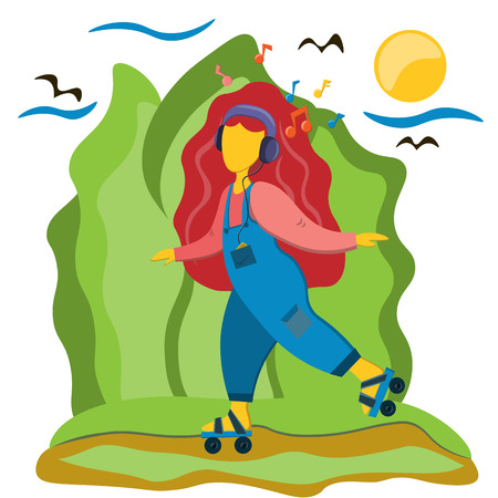 The girl rides on roller skates and listens to music on headphones. Illustration in flat styleのイラスト素材