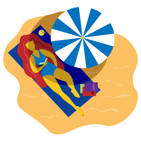 The girl in the swimsuit will sunbathe and rest on the beach. Illustration in flat styleのイラスト素材