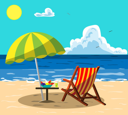 Sunbeds for relaxing on a sunny beach under an umbrella. Illustration in flat styleのイラスト素材
