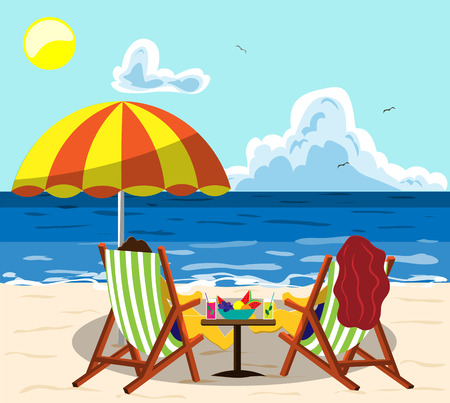 A couple of young people are relaxing on a beach chair on a sunny beach under an umbrella and drinking cocktails. Illustration in flat styleのイラスト素材