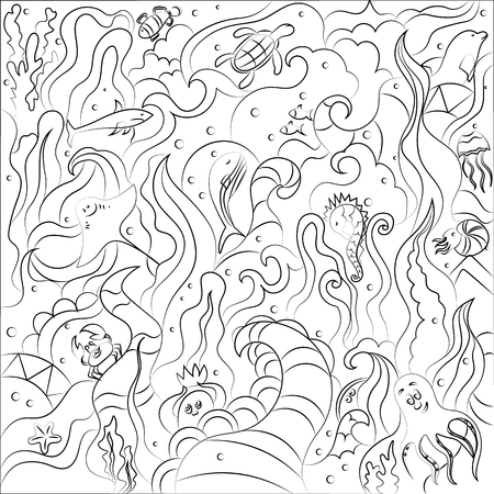 Abstract drawing in the style of doodling on the theme of sea inhabitants. Abstract hand drawing puzzleのイラスト素材
