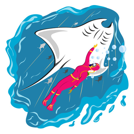 The girl scuba diver swims in the underwater world and touches the hand of the stingray. Illustration in flat styleのイラスト素材