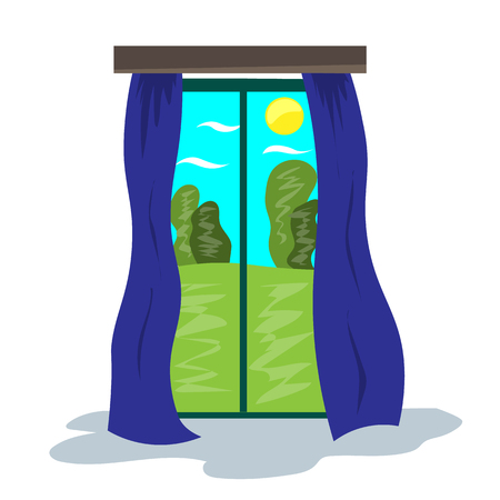 Panoramic window with long curtains and views of the green garden. Illustration in flat styleのイラスト素材