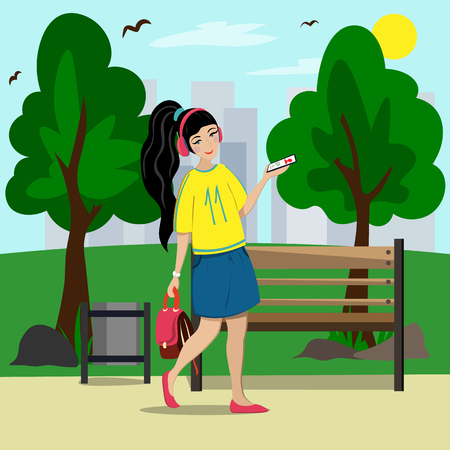 Young beautiful girl walks in the summer in the park. Illustration in flat styleのイラスト素材