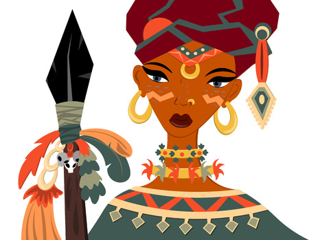 A woman of the tribe in national costume, a turban and a spear. Traditional and ethnicのイラスト素材