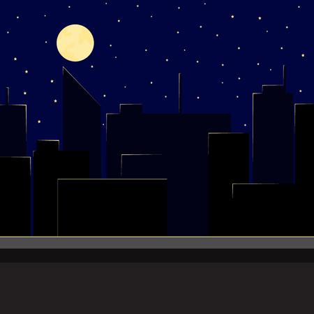 Silhouette of the night city in the light of the moon view from the roof. Illustration in flat styleのイラスト素材