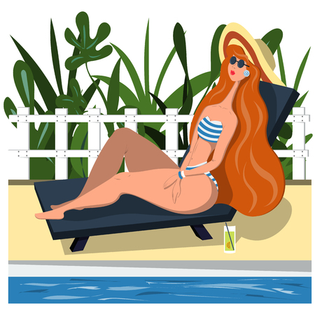 The red-haired young woman lies on a lounger and starts to bang. Illustration in flat styleのイラスト素材