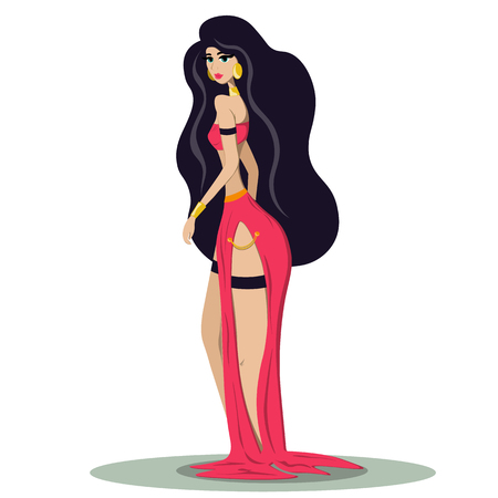 A young slim woman in a black evening dress stands half a turn in the rays of light. Illustration in flat styleのイラスト素材