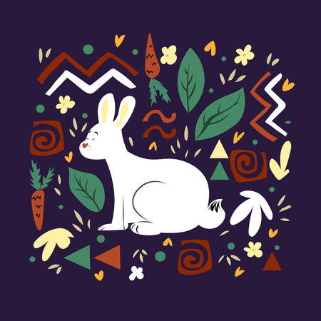 Graphic vector illustration with ornaments and symbols. Little white rabbit with vegetables and herbsのイラスト素材