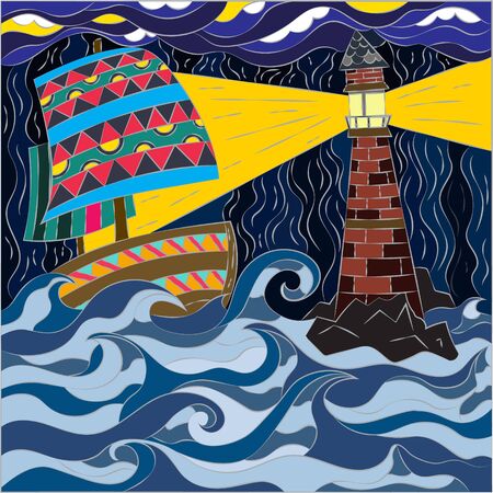 Abstract pattern in mosaic style. graphics for wallpapers and covers. Raging ocean, sailing ship and bright big lighthouseのイラスト素材