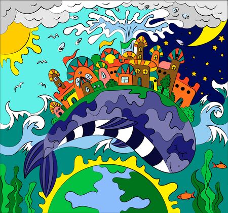 Fairytale illustration of a city on the back of a whale. Planet day and night.のイラスト素材