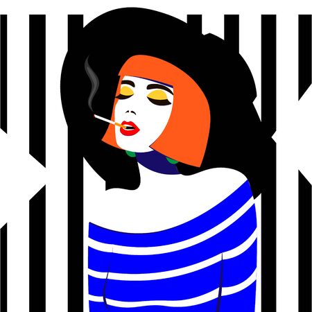 Young woman smoking cigarette  in pop art style.のイラスト素材