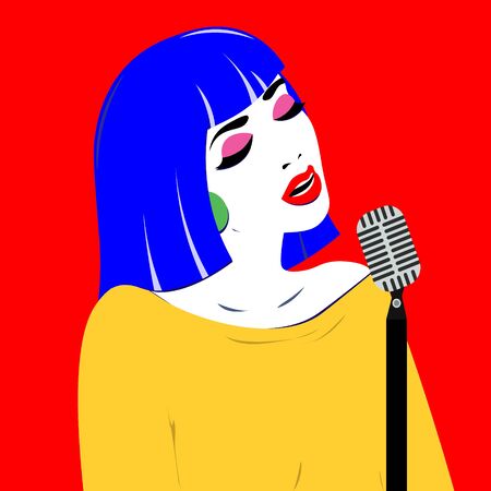Girl with pop art style sings in blues style. Bright color illustration of a girlのイラスト素材