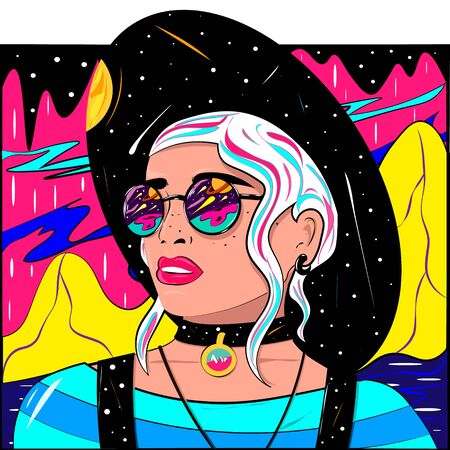 Bright sexy young woman in the style of psychedelic pop artのイラスト素材
