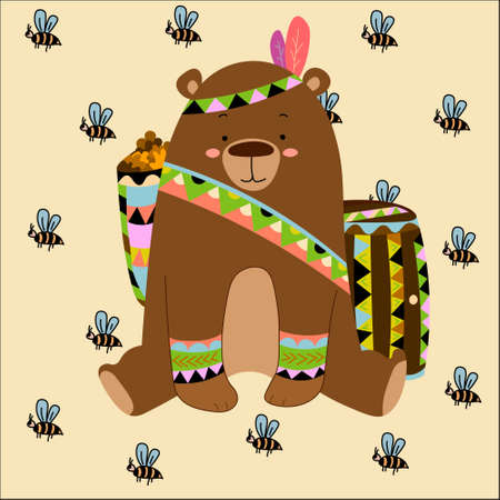 Cute bear sitting with a barrel of honey vector illustration for your greeting card.のイラスト素材