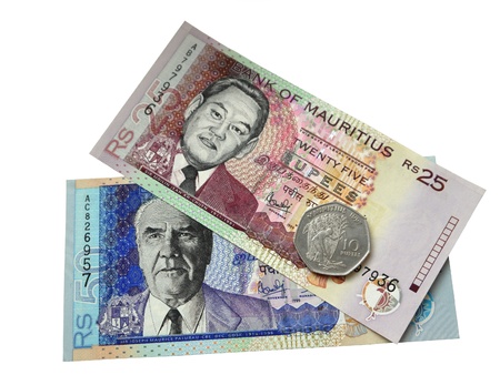    Two banknotes and one coin of Mauritius 