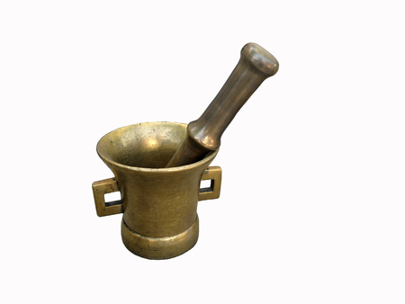 Bronze mortar bowl isolated on white backgroundの写真素材