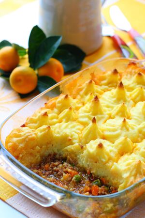 Cottage pie (potato and meat gratin)  in baking dish の写真素材