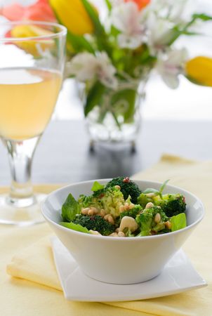 stir-fried broccoli with pine nut, garlic and chili pepperの写真素材