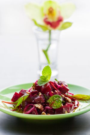 beetroot salad with nut,onion,beetroot leavesの写真素材