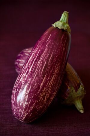 two ripe  eggplants on the purple backgroundの写真素材
