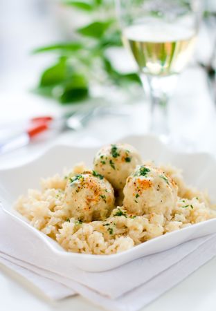Turkey meatballs in sauce with fresh herbの写真素材