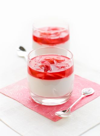 coconut cream with poached rhubarb and vanillaの写真素材