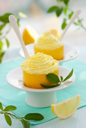Lemon cream in hollowed-out lemonの写真素材