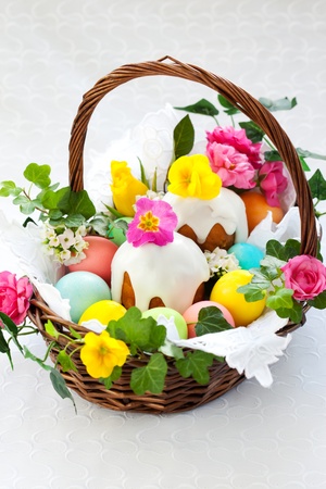 Easter basket with  eggs,cake and flowers